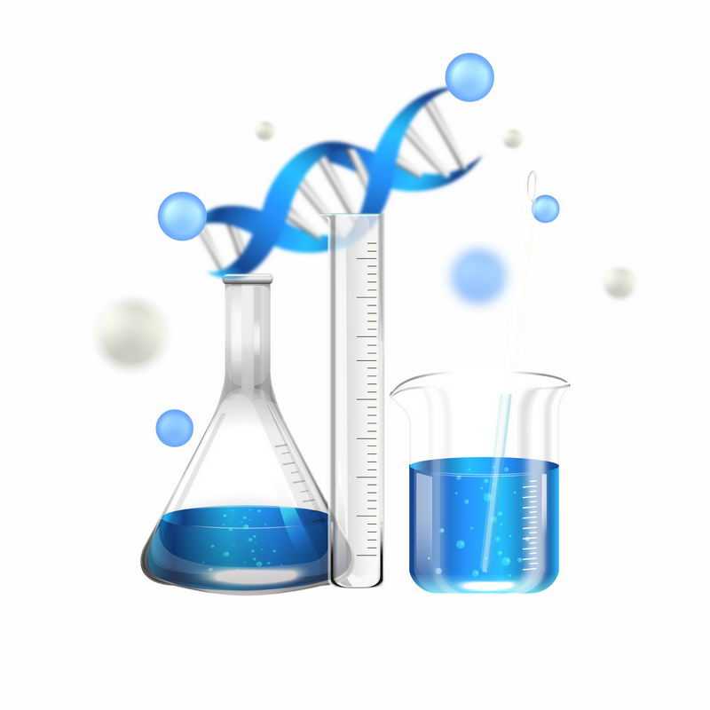 蓝色DNA和锥形瓶试管量杯搅拌棒等化学实验教学仪器3258056AI矢量图片免抠素材