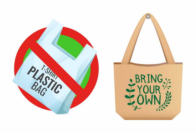 禁止不可降解塑料袋限塑令标志和可重复使用布袋购物袋4281234矢量图片免抠素材 生活素材-第1张