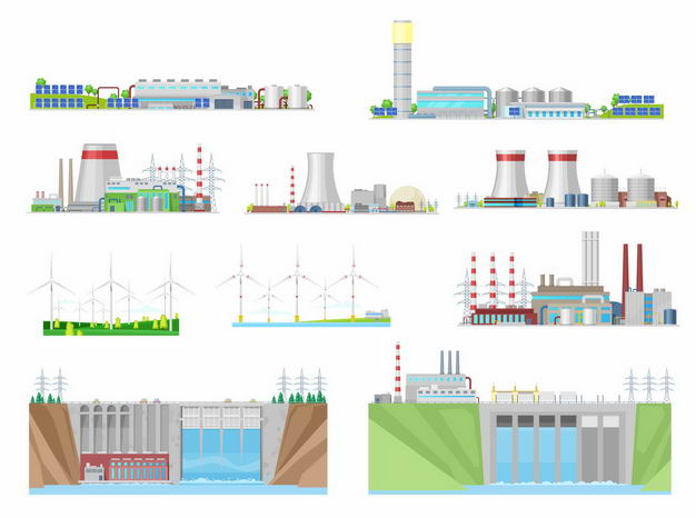 各种地热发电站火力发电核电站风力发电站和水力发电厂6611053矢量图片免抠素材 工业农业-第1张