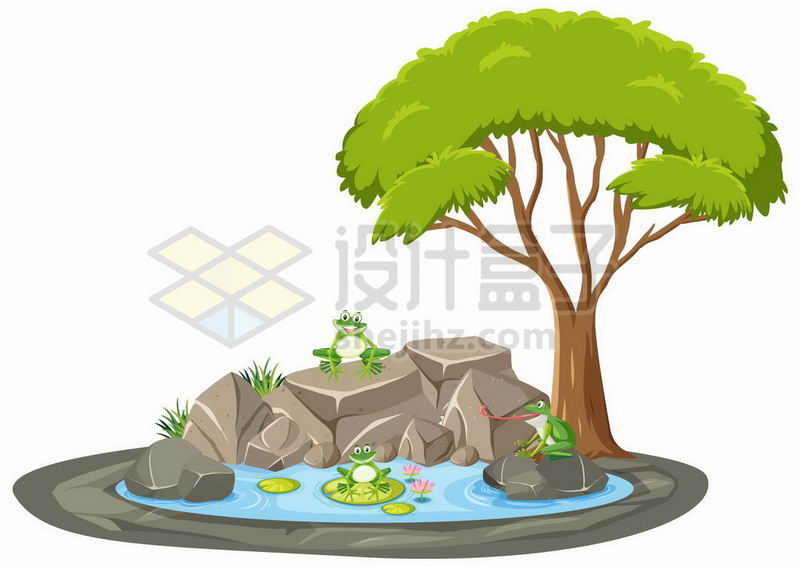 池塘旁的大树和青蛙9109834矢量图片免抠素材 生物自然-第1张