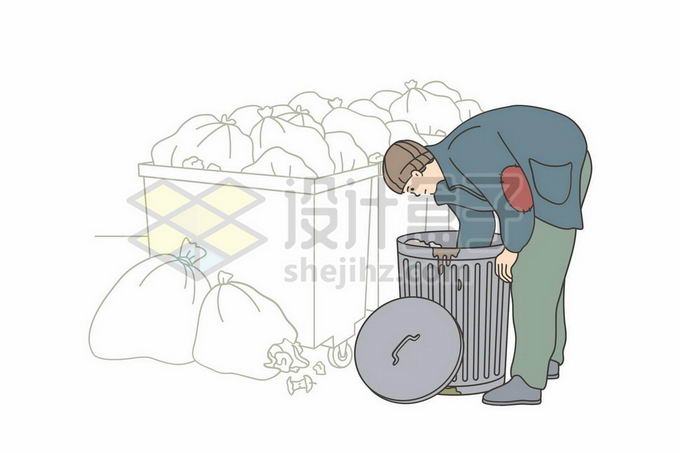 正在翻垃圾桶的乞丐拾荒者流浪汉无家可归者手绘线条插画4995125矢量图片免抠素材 人物素材-第1张