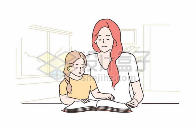 妈妈正在耐心的辅导女儿做作业看书读书手绘线条插画3037803矢量图片