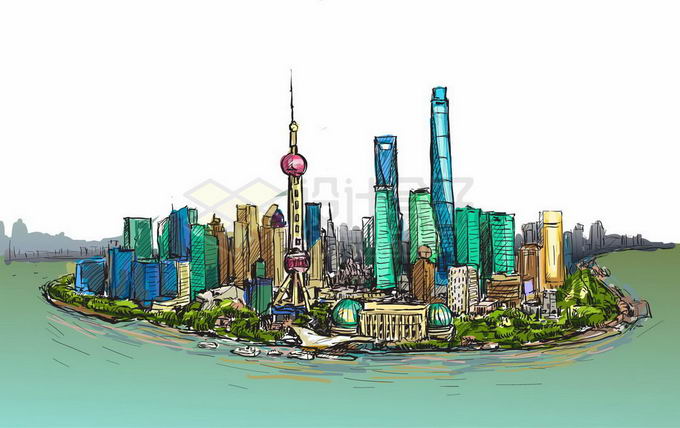 彩绘风格上海黄浦江对岸的陆家嘴东方明珠高楼大厦建筑风景9694098