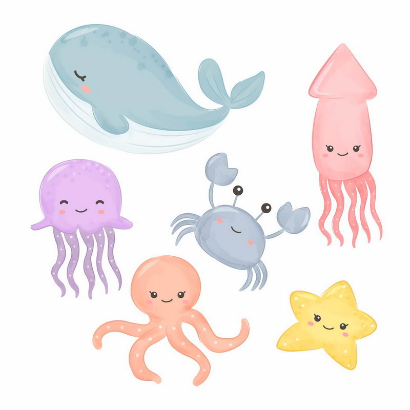 可爱的卡通鲸鱼章鱼乌贼螃蟹水母和海星等海洋动物矢量图片免抠素材 设计盒子