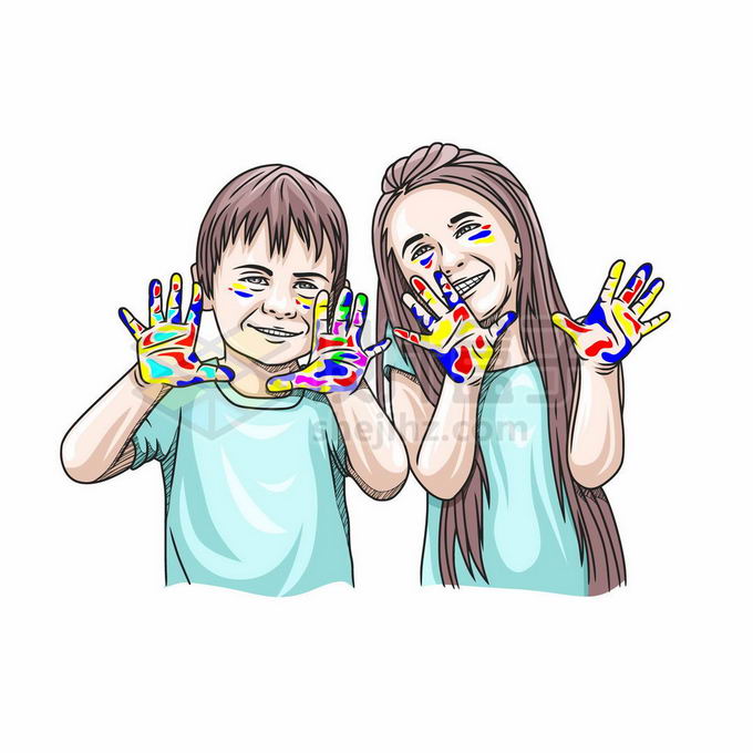 2个可爱的卡通小朋友两小无猜手上涂满颜料开心的笑着儿童节插画7895240矢量图片免抠素材 人物素材-第1张