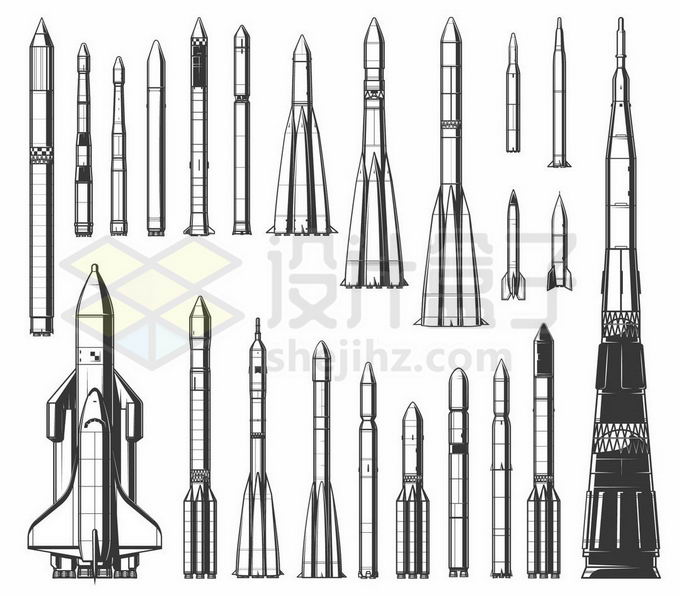 各种各样的运载火箭黑色线条插画7928220矢量图片免抠素材 军事科幻-第1张