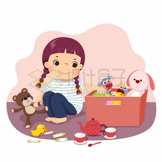 卡通小女孩正在整理自己的玩具儿童节插画3582085矢量图片免抠素材 人物素材-第1张