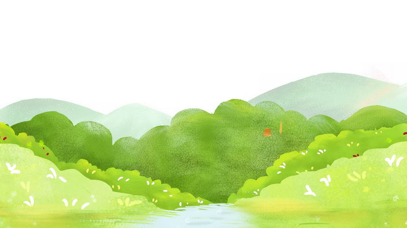水彩画风格的夏天夏日绿色的树林和远山小溪风景png免抠图片素材 设计盒子