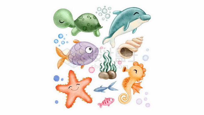 超可爱的卡通乌龟海龟海豚海鱼海螺海星海马等海洋动物水彩插画3458058矢量图片免抠素材 生物自然-第1张