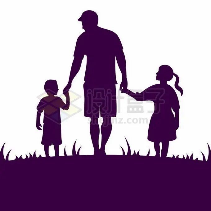 爸爸一手牵着儿子一手牵着女儿人物背影父亲节剪影插画5087018矢量图片免抠素材 人物素材-第1张