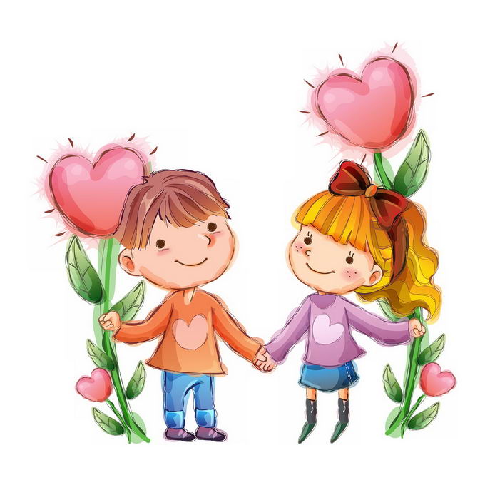 两个拿着心形花朵的卡通小朋友交朋友儿童节插画7025743png免抠图片素材 人物素材-第1张