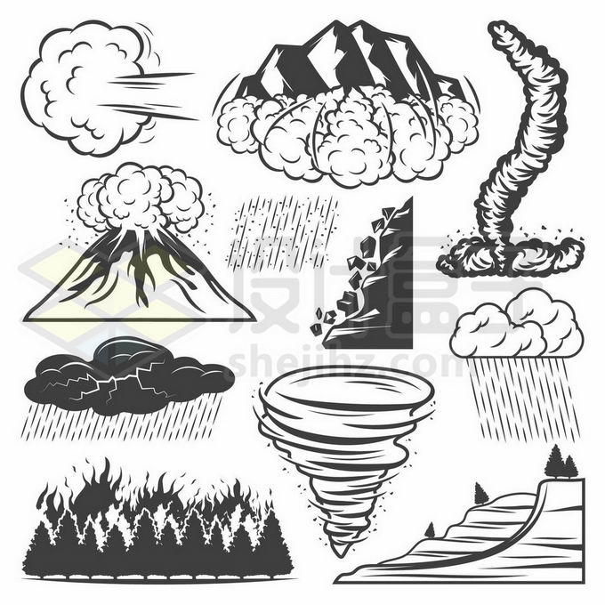 火山喷发龙卷风滑坡森林火灾滚石滑落雷暴雨自然灾害手绘插画3284185