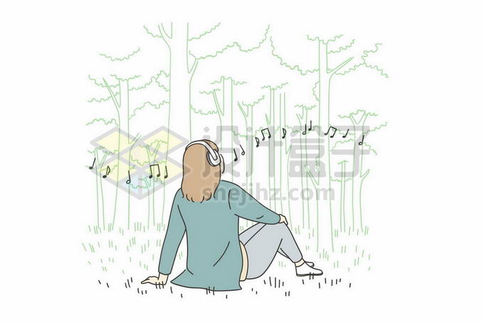 坐在树林的草坪上戴着耳机听音乐的女孩手绘线条插画6703929矢量图片免抠素材 人物素材-第1张