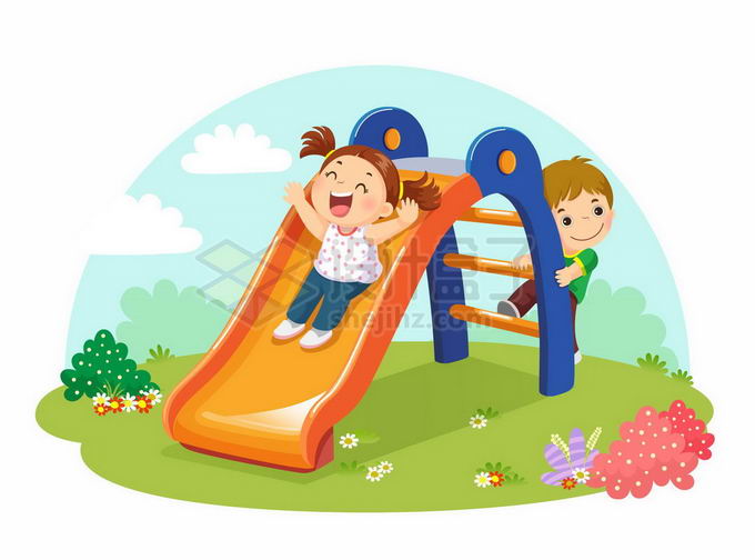 两个卡通小朋友正在玩滑滑梯儿童节插画2247719矢量图片免抠素材