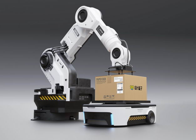 工业机器人机械手臂正在将货物箱子放在无人搬运车上样机7742087图片素材 样机-第1张