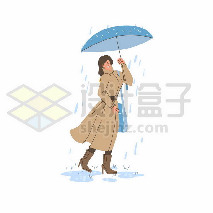 下雨天打着雨伞的大衣女人手绘线条插画7615756矢量图片免抠素材免费下载 人物素材-第1张