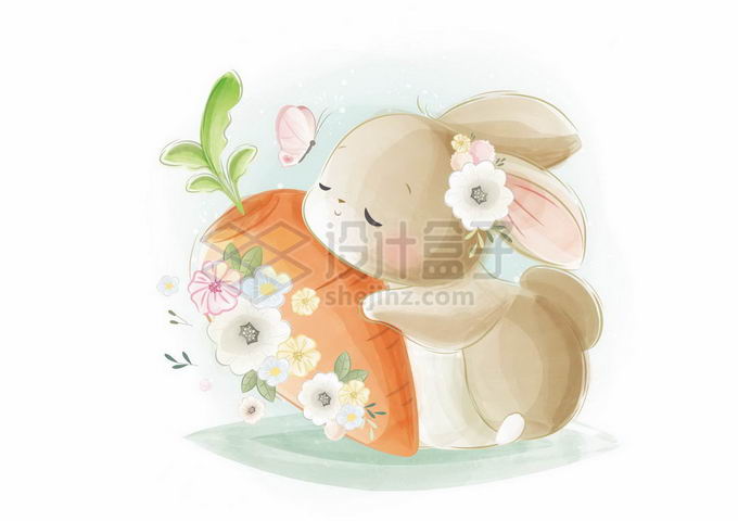 超可爱的卡通小兔子抱着胡萝卜水彩插画7241970矢量图片免抠素材 生物自然-第1张