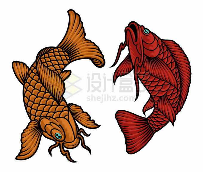 金色鲤鱼和红色鲤鱼锦鲤手绘插画7517154矢量图片免抠素材