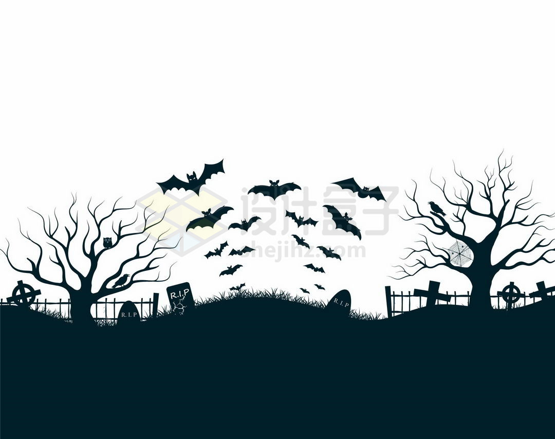 夜晚的坟地墓园中的墓碑枯树和空中的蝙蝠恐怖剪影9208006矢量图片免抠素材 生物自然-第1张