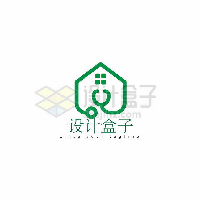 绿色听诊器房屋创意医疗logo标志设计6328429矢量图片免抠素材 标志LOGO-第1张
