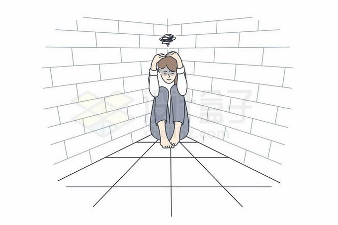 躲在墙角思维混乱的女孩象征了心理疾病手绘线条插画3925604矢量图片