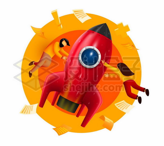 3D立体风格的红色小火箭和飞行在空中的小人儿8430148矢量图片免抠素材免费下载 军事科幻-第1张