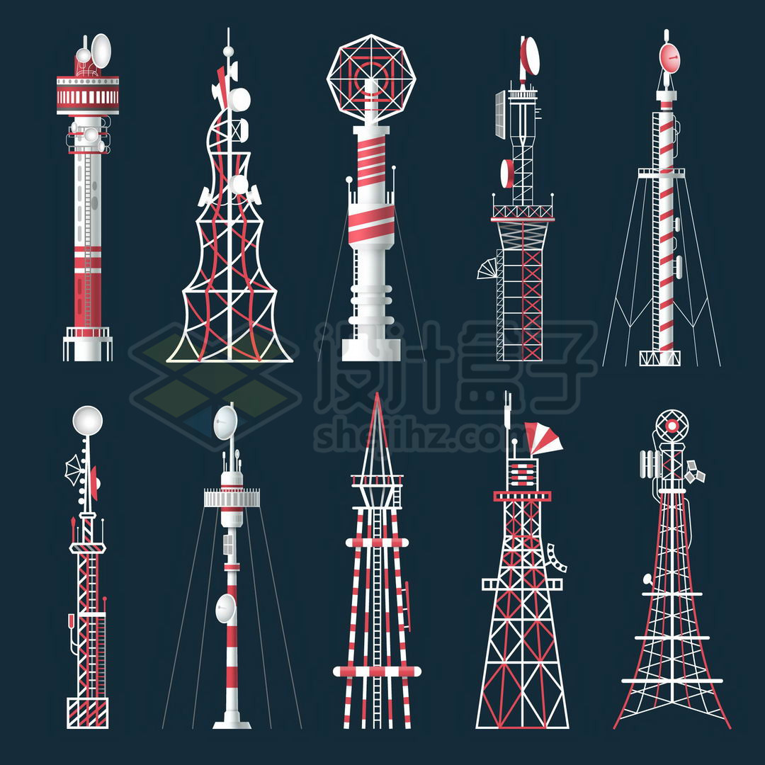 10款红白色相间的5G信号发射塔铁塔8020026矢量图片免抠素材 工业农业-第1张