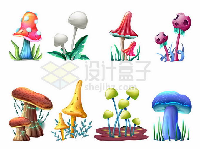 8款卡通风格的蘑菇红蘑菇白蘑菇紫蘑菇蓝蘑菇有毒蘑菇等7189959矢量图片免抠素材 生物自然-第1张