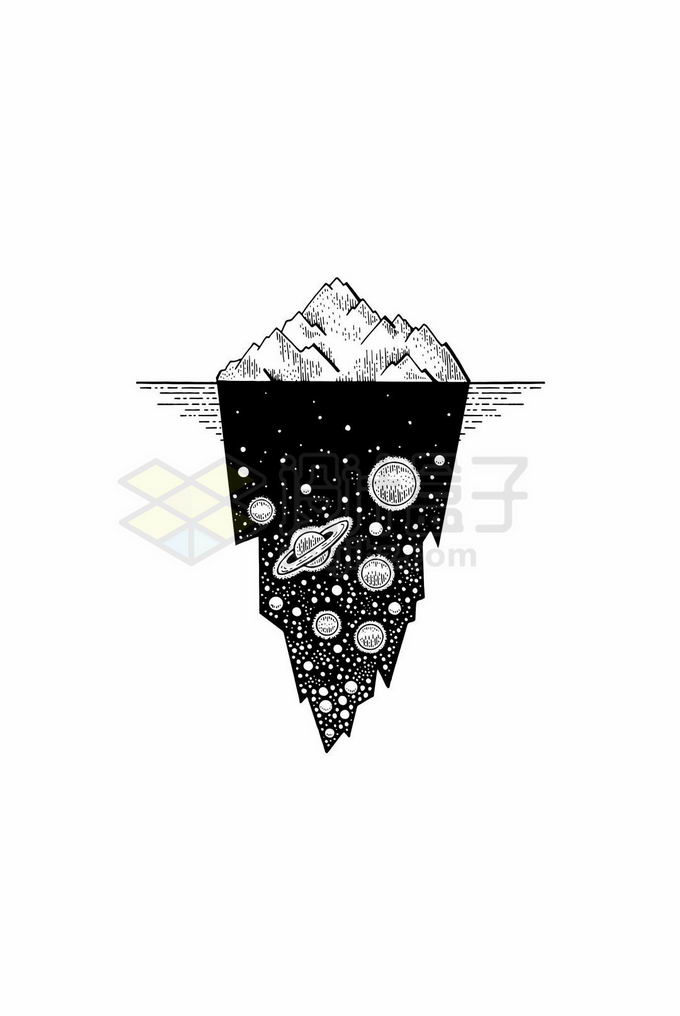 抽象风格黑白色冰山下的星空插画1504356矢量图片免抠素材 插画-第1张