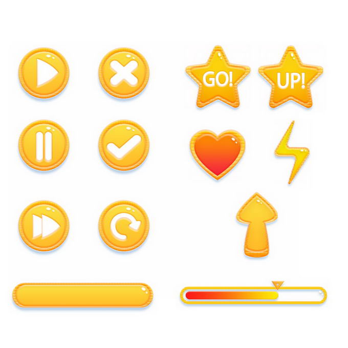 橙色黄色风格的卡通播放按钮对号叉号游戏按钮元素1671864图片免抠素材免费下载 UI-第1张