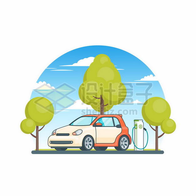 卡通风格绿色大树和正在充电桩充电的新能源电动汽车4294997矢量图片免抠素材 交通运输-第1张
