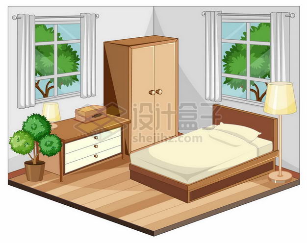 房间中的单人床衣柜桌子和窗户的风景卡通卧室装修6372750矢量图片免抠素材 建筑装修-第1张