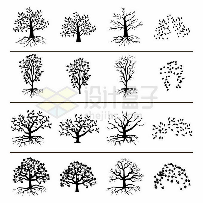 16款枯树树干树冠和树根树叶剪影图案3993170矢量图片免抠素材 生物自然-第1张