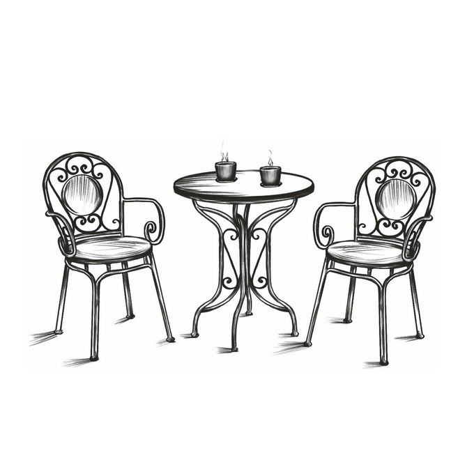 户外休闲桌子椅子喝咖啡手绘线条涂鸦插画3917474图片免抠素材免费