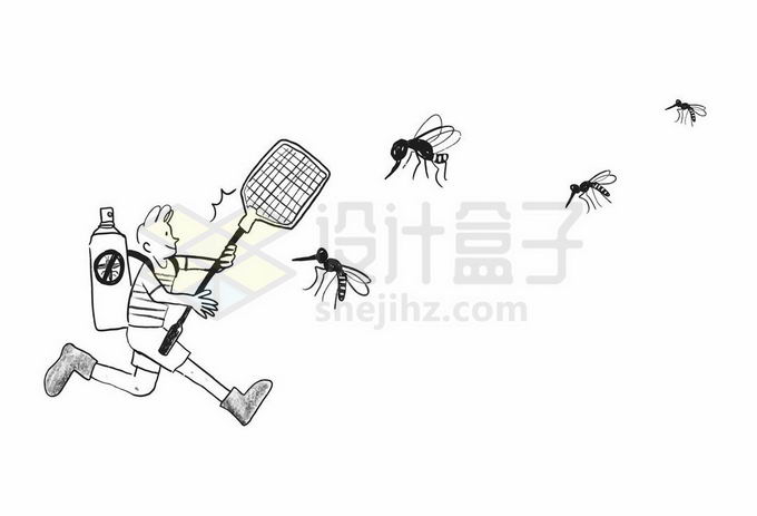 卡通男孩拿着苍蝇拍和杀虫剂打蚊子手绘插画4850261矢量图片免抠素材免费下载 健康医疗-第1张