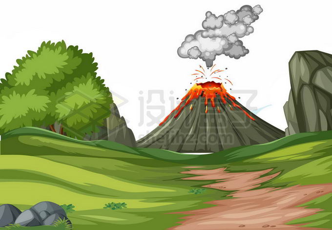 远处的火山爆发和近处的草原卡通风景图8475399矢量图片免抠素材免费下载 生物自然-第1张