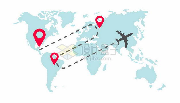 淡蓝色世界地图上飞行的黑色飞机和路线图案环球旅行插画9684263矢量图片免抠素材 科学地理-第1张