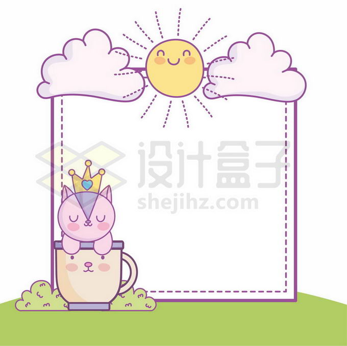 卡通小猫咪草地太阳云朵组成的方形文本框儿童插画边框6356914矢量图片免抠素材 边框纹理-第1张