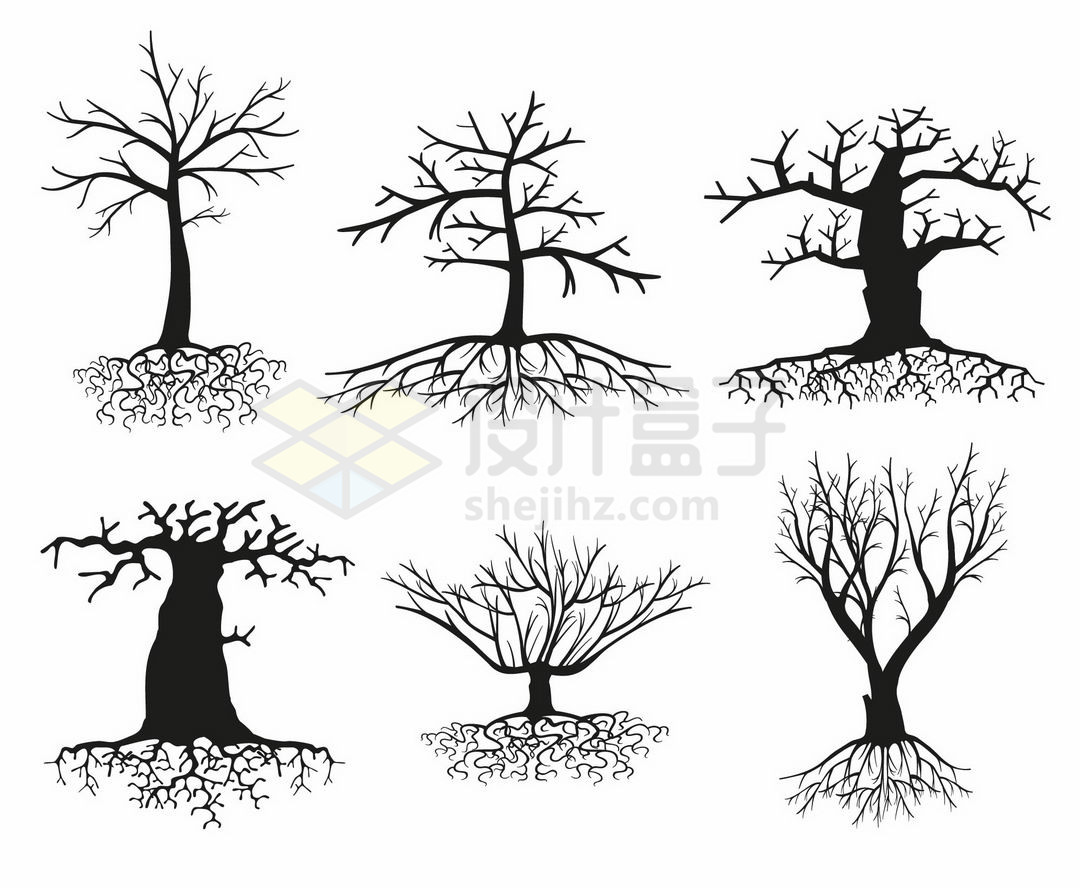 6款枯树树干树冠和树根剪影图案1838985矢量图片免抠素材 生物自然-第1张