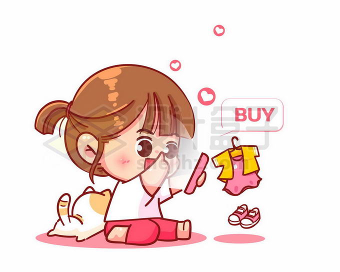 超可爱卡通女孩在手机上买买买购物9266776矢量图片免抠素材免费下载 人物素材-第1张