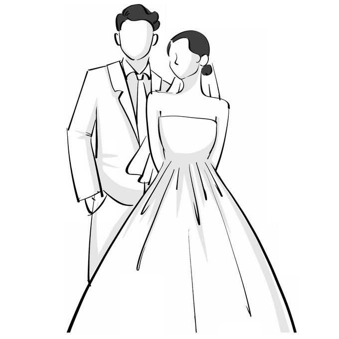 穿着婚纱的新娘和西装新郎结婚照线条插画3550287矢量图片免抠素材