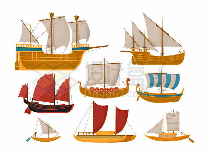 各种复古风格的风帆战舰和中国古代帆船5257986矢量图片免抠素材免费下载 交通运输-第1张