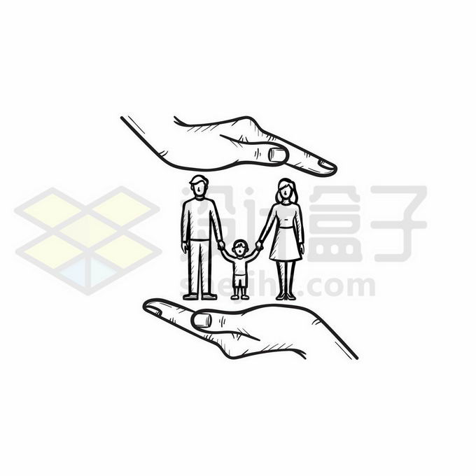 爸爸妈妈和孩子一家三口被双手保护着象征了家庭保险手绘线条插画9216789矢量图片免抠素材免费下载 人物素材-第1张