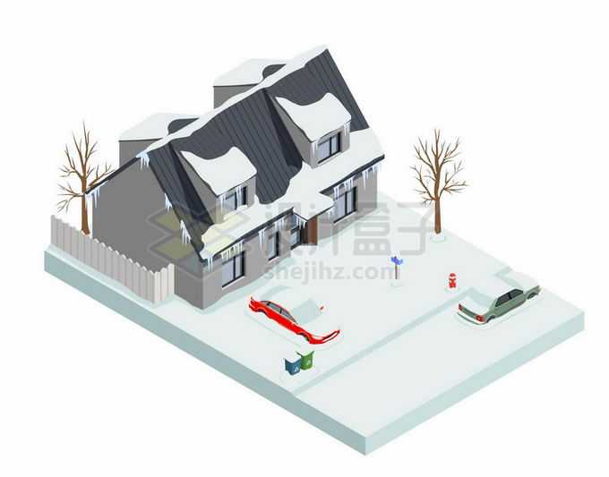 2.5D风格冬天被厚厚积雪覆盖的房屋和汽车8110136矢量图片免抠素材免费下载
