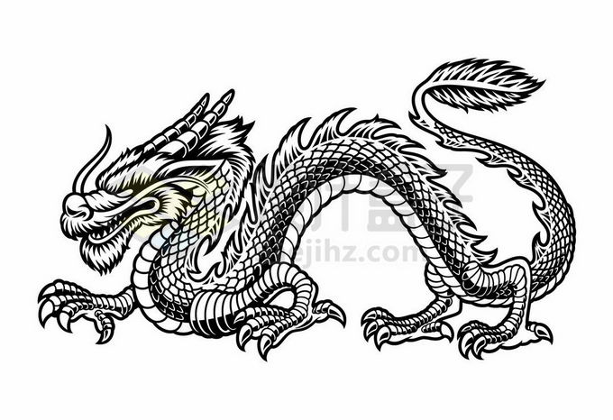 一条威严的中国龙巨龙神龙黑白色手绘插画2591503矢量图片免抠素材