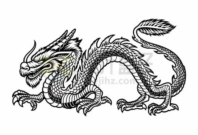一条威严的中国龙巨龙神龙黑白色手绘插画2591503矢量图片免抠素材免费下载 生物自然-第1张