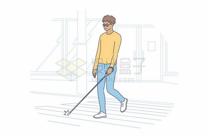 拿着盲杖的盲人视觉障碍者手绘线条插画8718199矢量图片免抠素材免费下载 人物素材-第1张