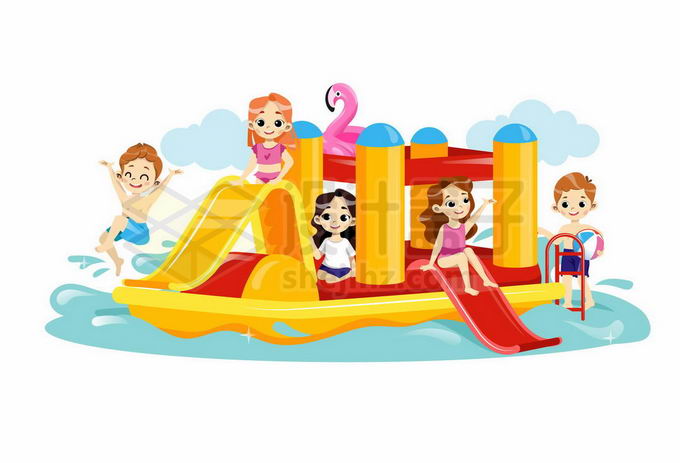 夏天里卡通小朋友在水上充气游乐场玩耍9272477矢量图片免抠素材免费下载 休闲娱乐-第1张