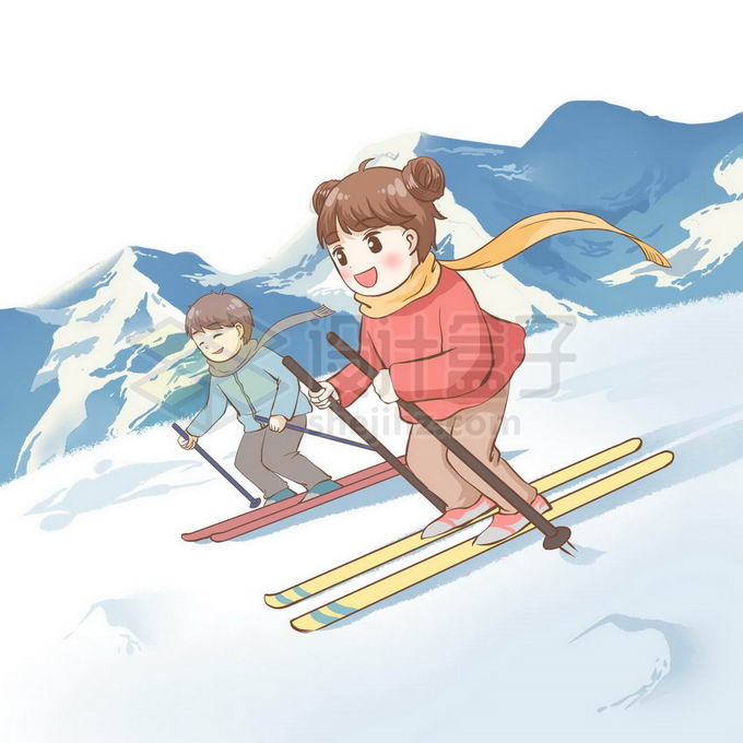 卡通男孩女孩一起滑雪冬天游玩项目免抠图片素材 休闲娱乐-第1张