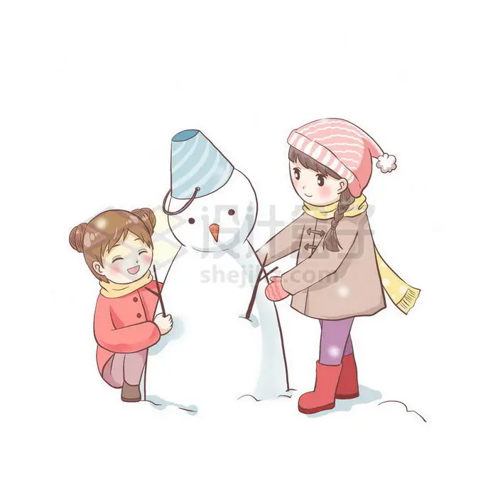 两个卡通小女孩正在堆雪人冬天游玩项目免抠图片素材 人物素材-第1张